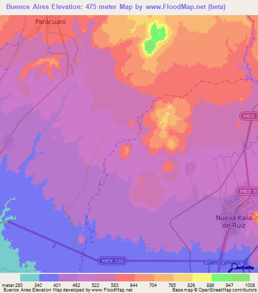 Buenos Aires,Mexico Elevation Map