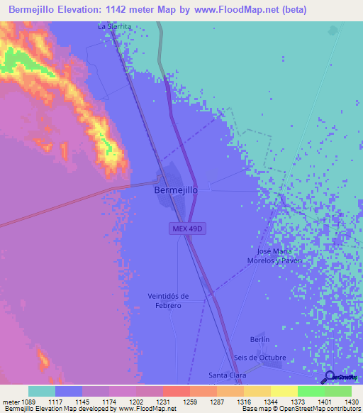 Bermejillo,Mexico Elevation Map