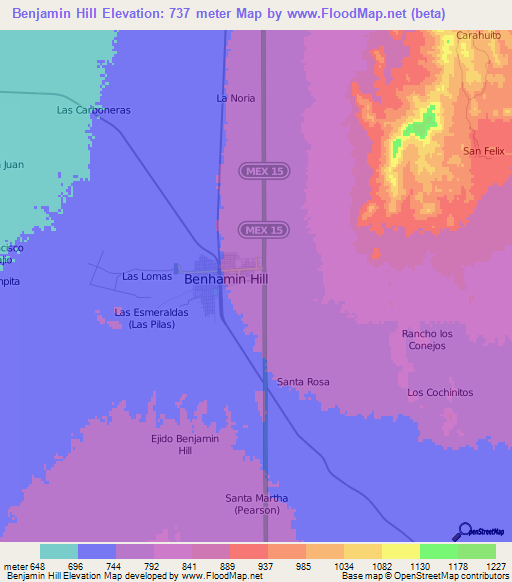 Benjamin Hill,Mexico Elevation Map