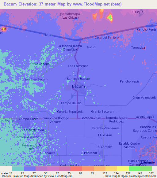 Bacum,Mexico Elevation Map