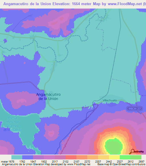 Angamacutiro de la Union,Mexico Elevation Map