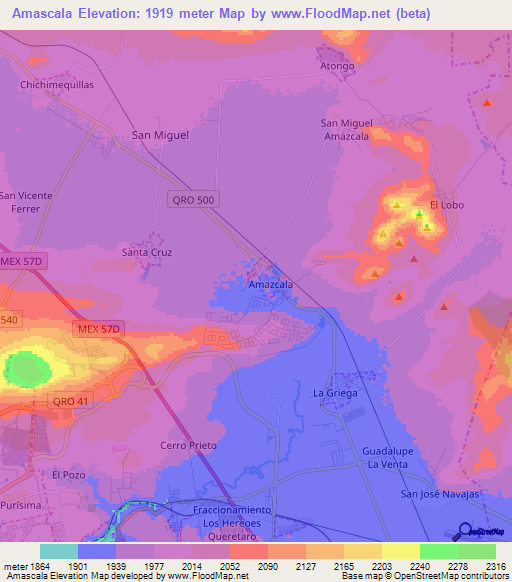 Amascala,Mexico Elevation Map