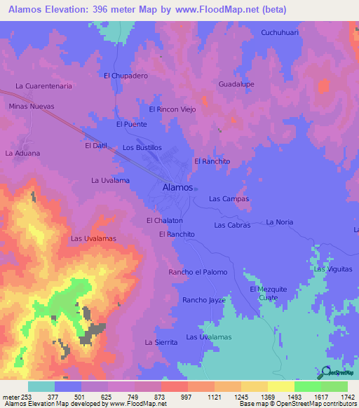 Alamos,Mexico Elevation Map