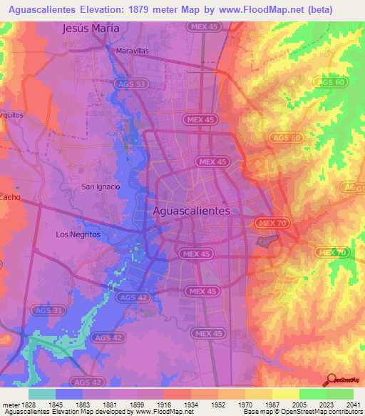 Aguascalientes,Mexico Elevation Map