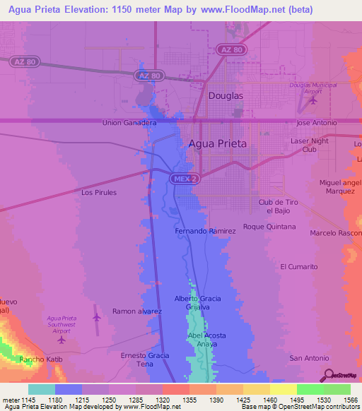 Agua Prieta,Mexico Elevation Map