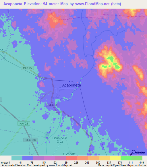 Acaponeta,Mexico Elevation Map