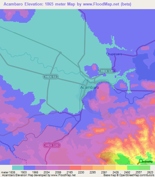 Acambaro,Mexico Elevation Map