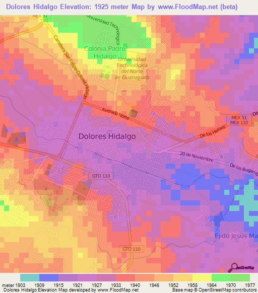 Dolores Hidalgo,Mexico Elevation Map