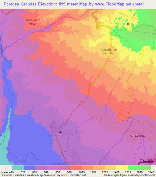 Paredes Grandes,Mexico Elevation Map