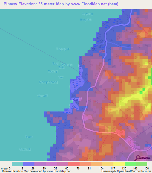 Binaew,Micronesia Elevation Map