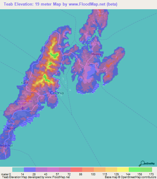 Teab,Micronesia Elevation Map