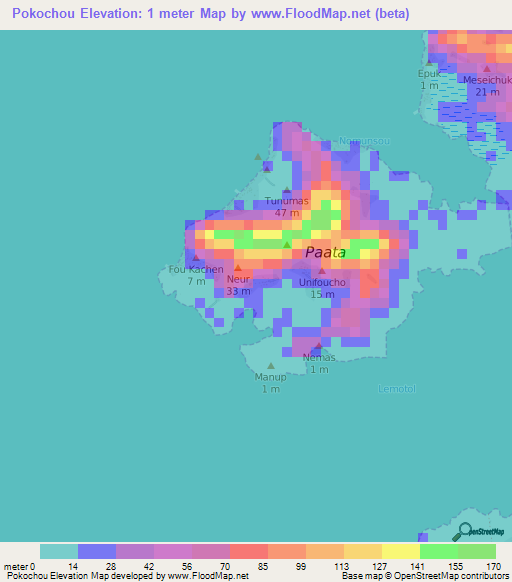 Pokochou,Micronesia Elevation Map