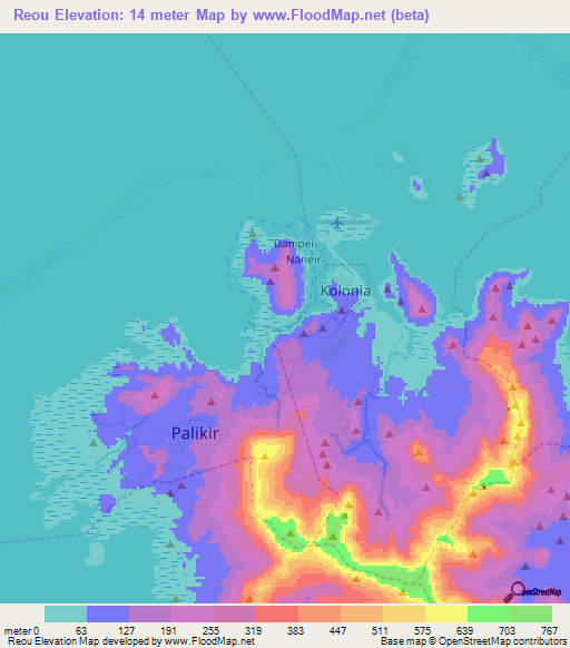 Reou,Micronesia Elevation Map