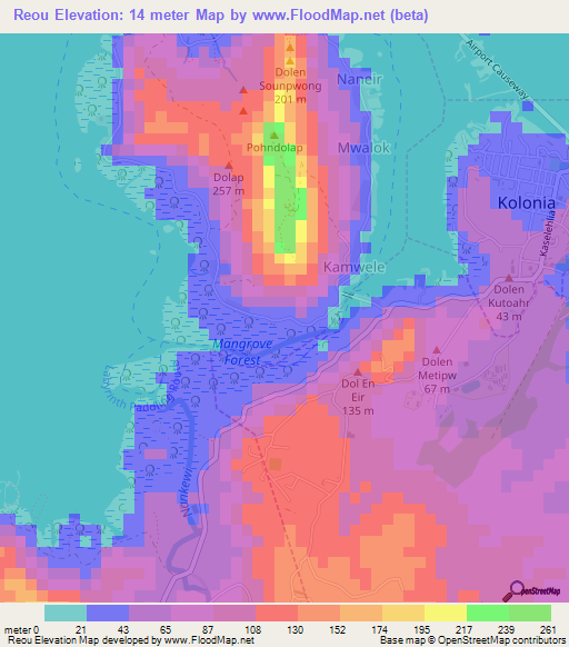 Reou,Micronesia Elevation Map