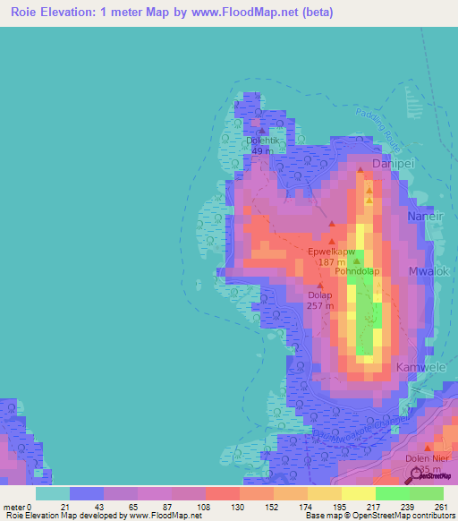 Roie,Micronesia Elevation Map