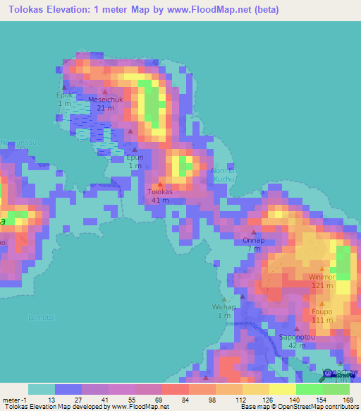 Tolokas,Micronesia Elevation Map