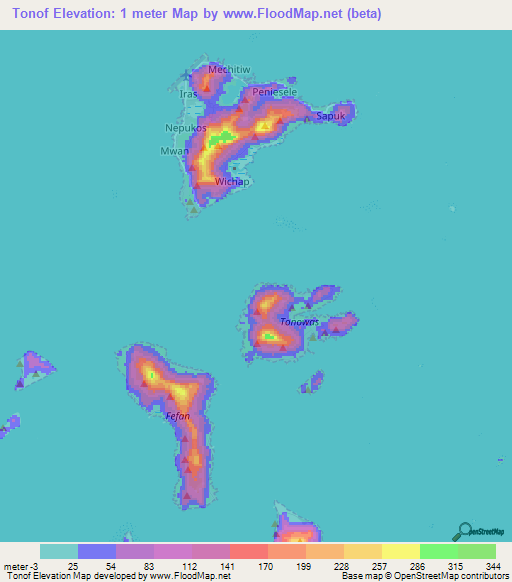 Tonof,Micronesia Elevation Map