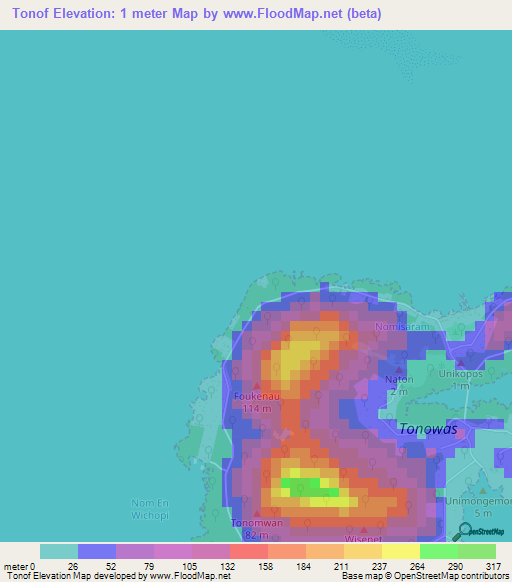 Tonof,Micronesia Elevation Map