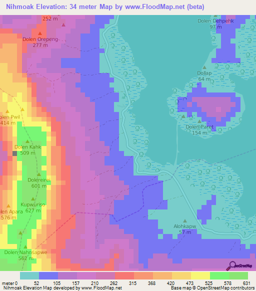 Nihmoak,Micronesia Elevation Map