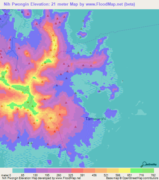 Nih Pwongin,Micronesia Elevation Map