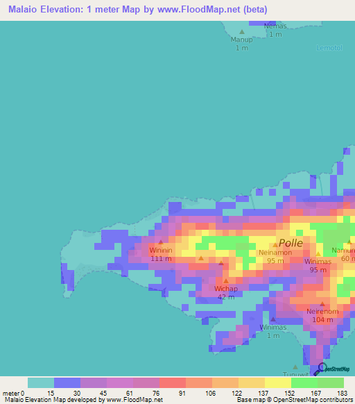 Malaio,Micronesia Elevation Map