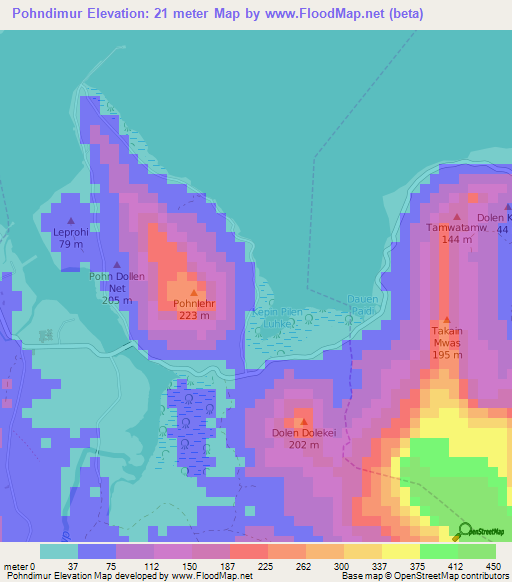 Pohndimur,Micronesia Elevation Map