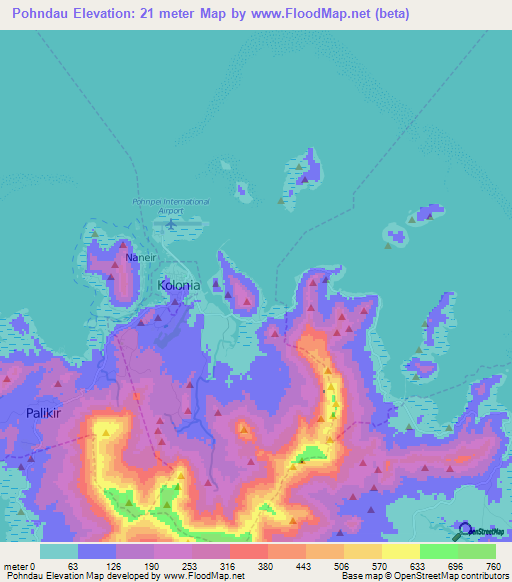 Pohndau,Micronesia Elevation Map