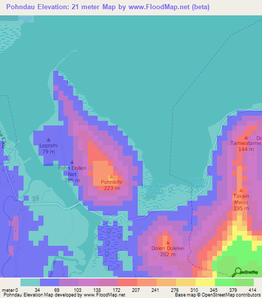 Pohndau,Micronesia Elevation Map