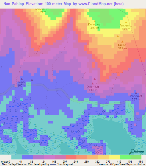 Nan Pahlap,Micronesia Elevation Map