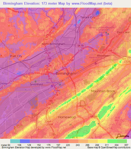 Birmingham,US Elevation Map