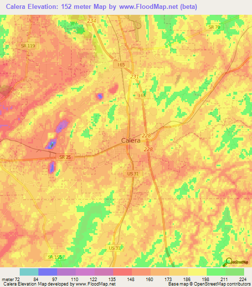 Calera,US Elevation Map