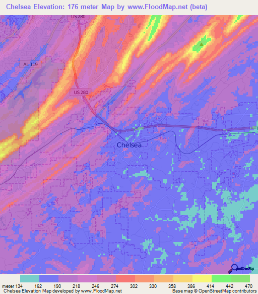 Chelsea,US Elevation Map