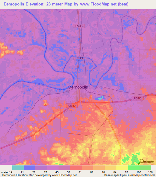 Demopolis,US Elevation Map