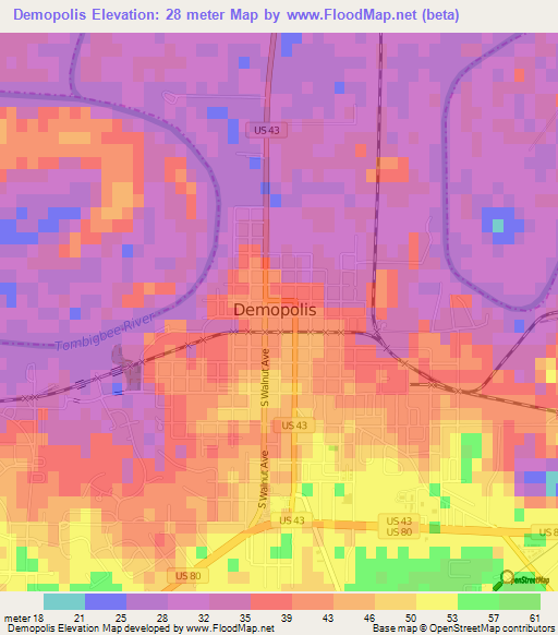 Demopolis,US Elevation Map