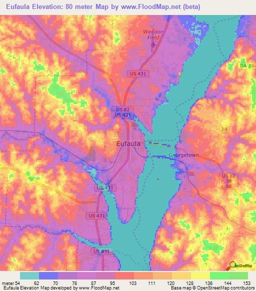 Eufaula,US Elevation Map