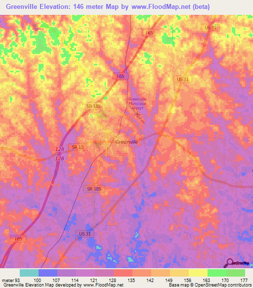 Greenville,US Elevation Map