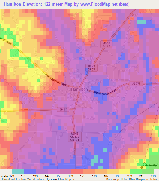 Hamilton,US Elevation Map