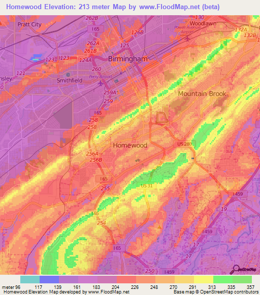 Homewood,US Elevation Map