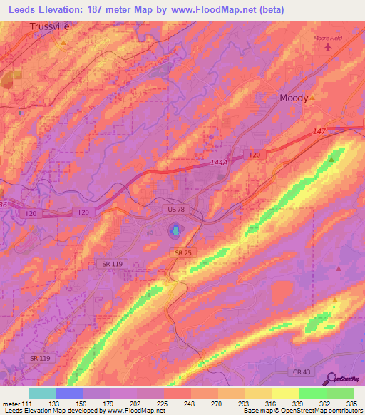 Leeds,US Elevation Map