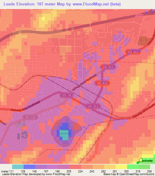 Leeds,US Elevation Map