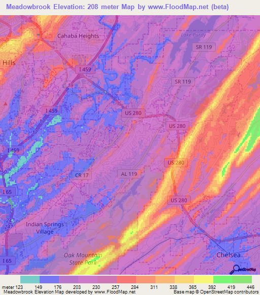 Meadowbrook,US Elevation Map