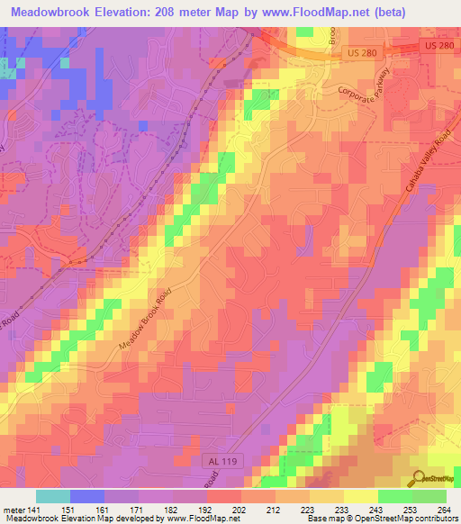 Meadowbrook,US Elevation Map