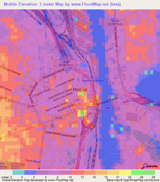 Mobile,US Elevation Map