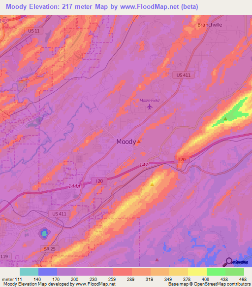 Moody,US Elevation Map