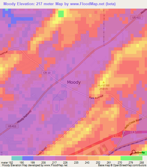 Moody,US Elevation Map