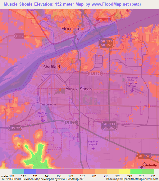 Muscle Shoals,US Elevation Map