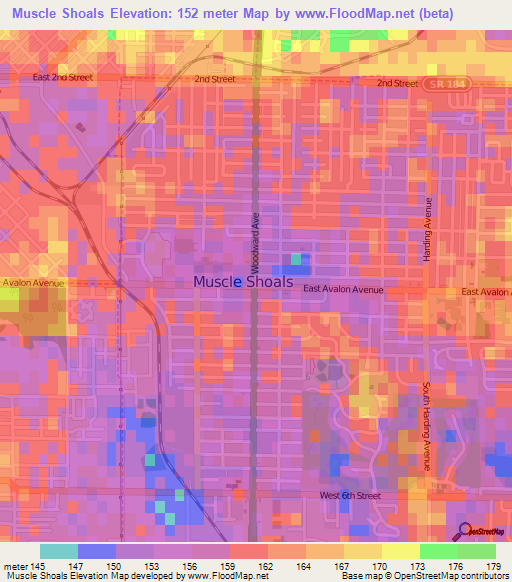 Muscle Shoals,US Elevation Map