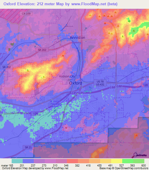 Oxford,US Elevation Map