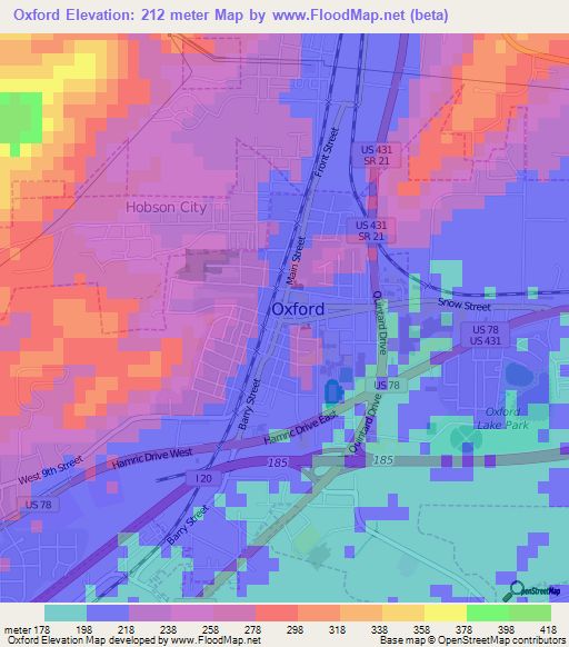 Oxford,US Elevation Map