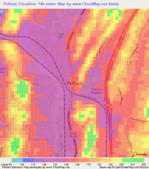 Pelham,US Elevation Map